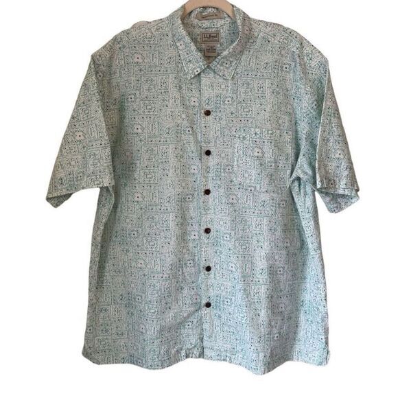L.L. Bean Printed Aqua Blue White Short Sleeve Button Up Shirt Size Large 100% C - Picture 2 of 7